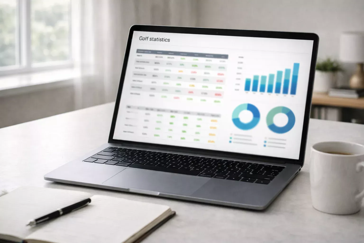 Laptop mit Golfspieler-Statistiken und Datenanalyse-Tabellen