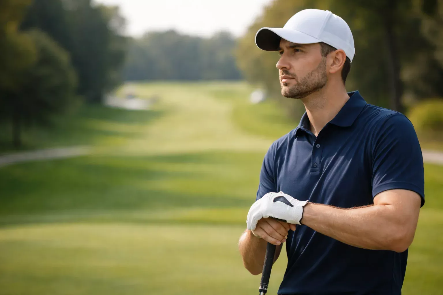 Professioneller Golfspieler analysiert verschiedene Optionen auf dem Golfplatz