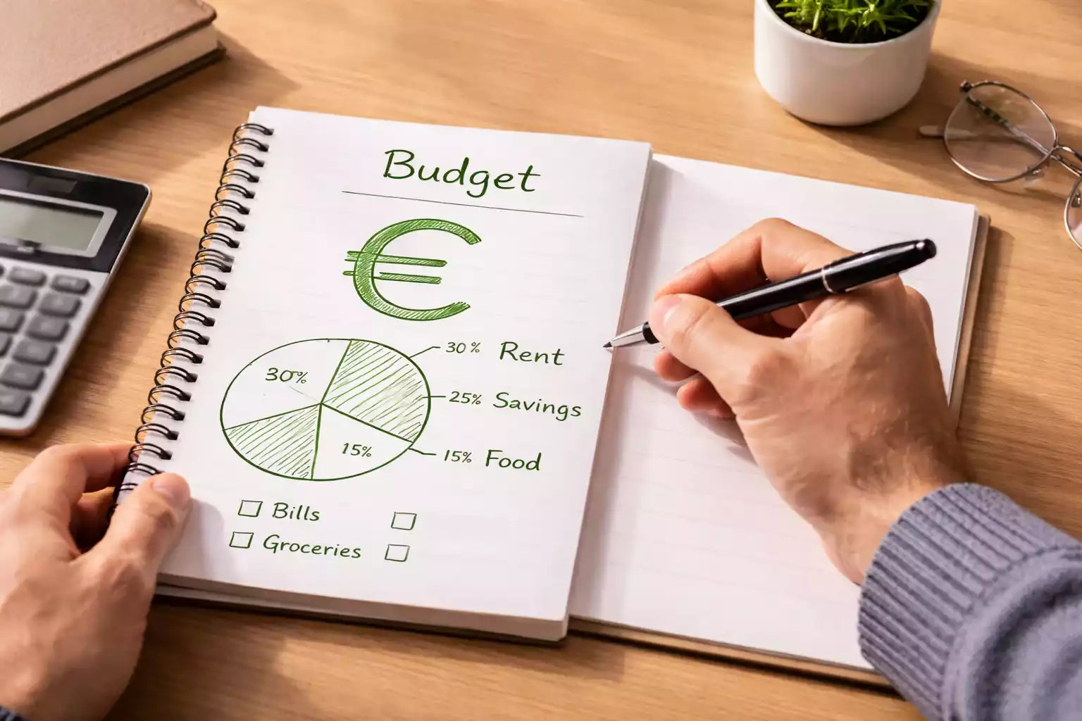 Person plant Budget mit Notizbuch und symbolischen Euro-Zeichen