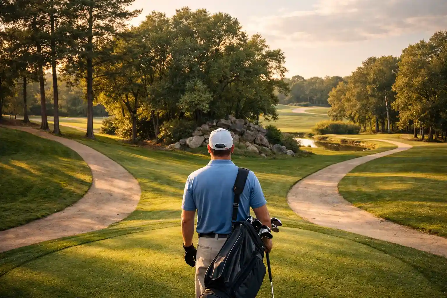 Golfspieler wählt zwischen zwei Wegen auf dem Fairway