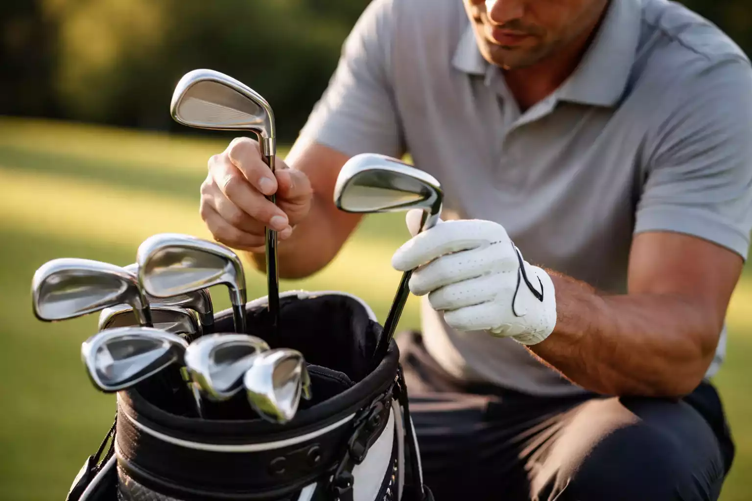 Golfspieler wählt sorgfältig einen Schläger aus seinem Bag