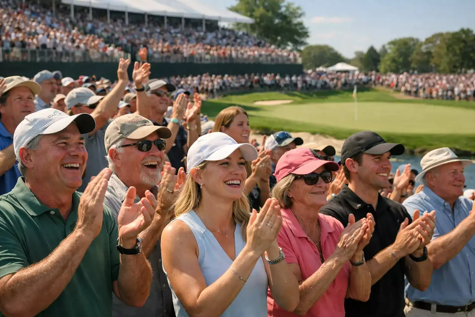 Jubelnde Fans applaudieren am 18. Loch eines Major-Turniers