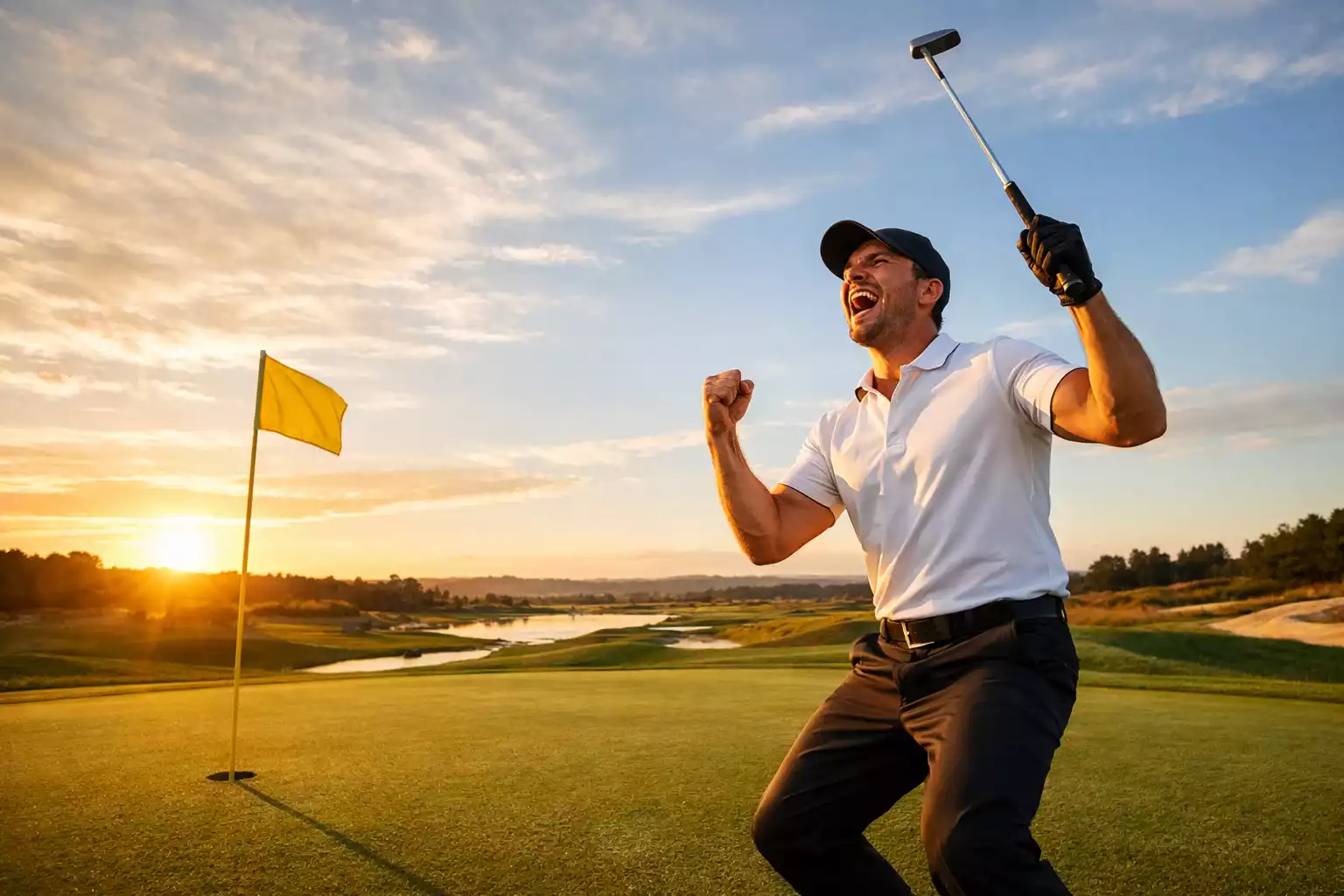 Golfspieler hebt triumphierend den Schläger auf dem Grün