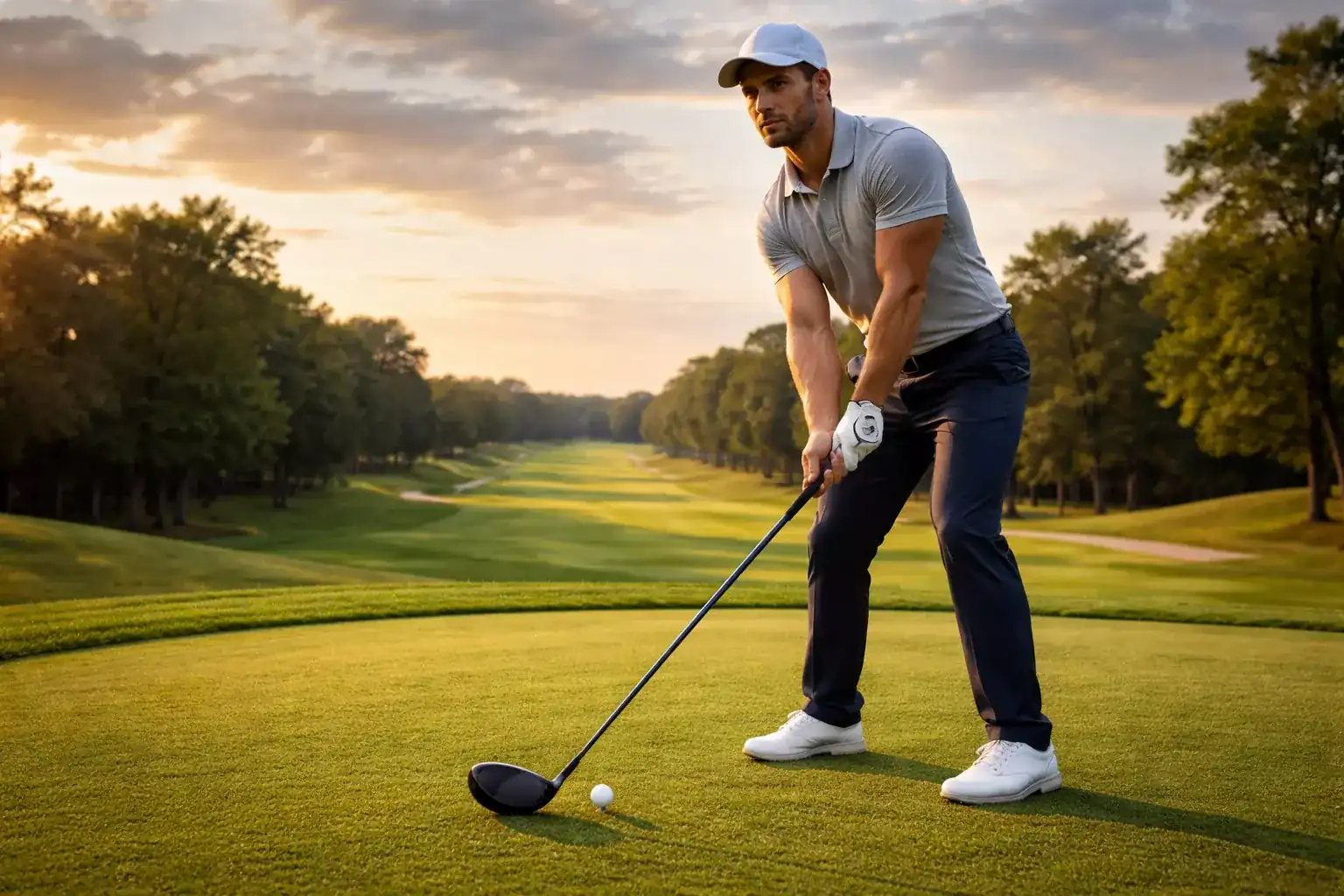 Selbstbewusster Golfspieler bereitet sich auf den Abschlag vor