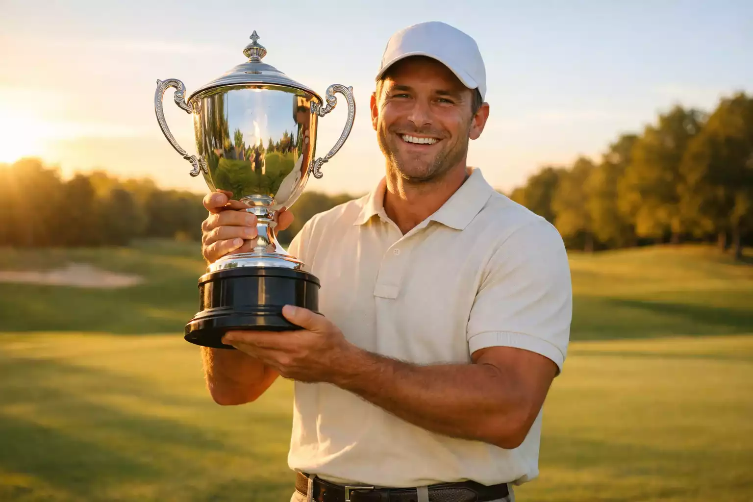 Erfolgreicher Golfspieler mit Trophäe auf dem Siegerpodest