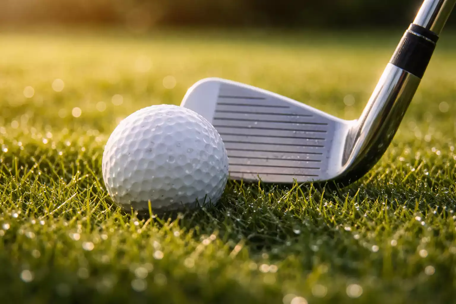 Golfball und Schläger auf perfekt gepflegtem Rasen im Sonnenlicht