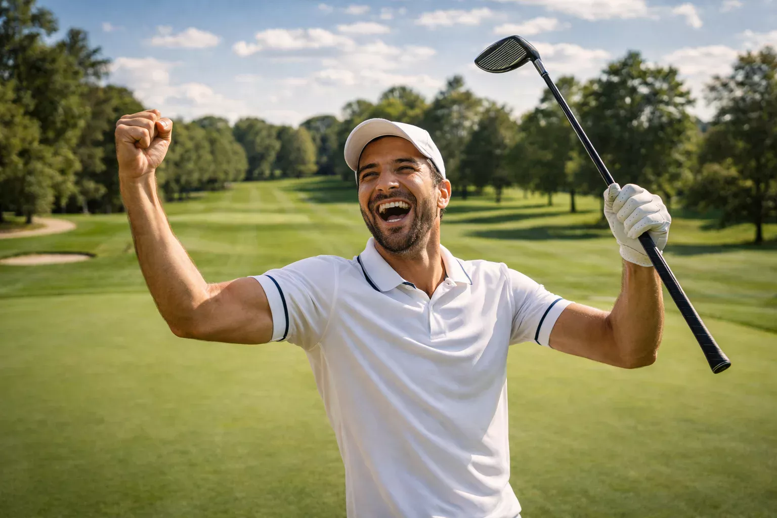 Glücklicher Golfspieler feiert auf dem Fairway mit erhobenem Schläger