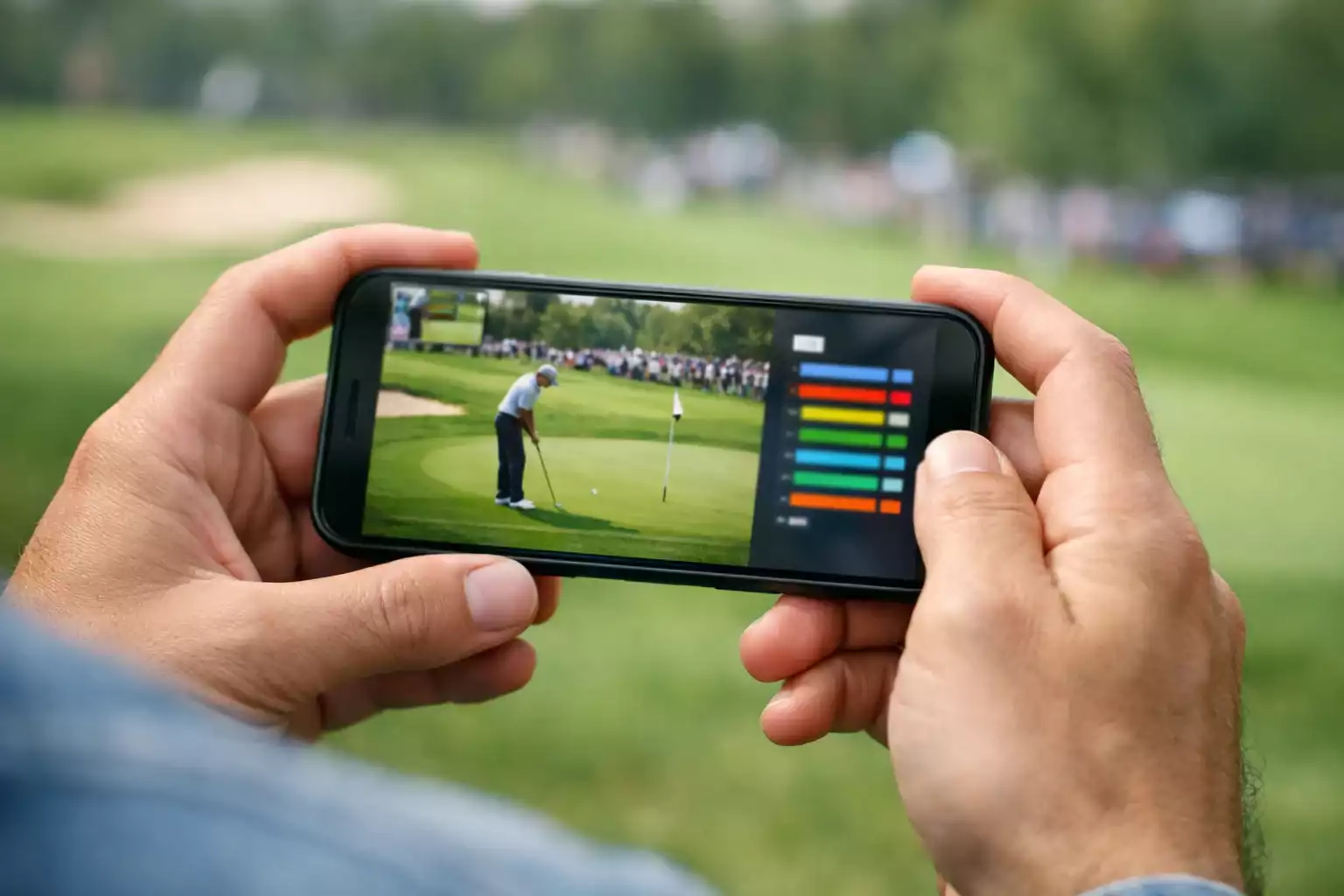 Smartphone zeigt Live-Übertragung eines Golfturniers