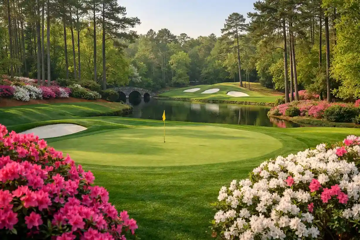 Berühmtes Grün des Augusta National Golf Club mit blühenden Azaleen