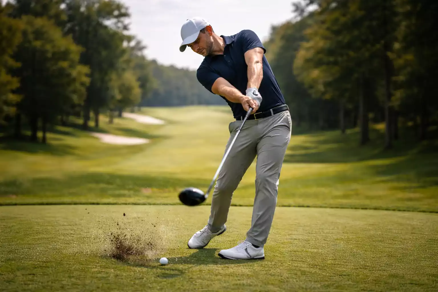 Professioneller Golfspieler beim kraftvollen Abschlag auf einem Championship-Platz