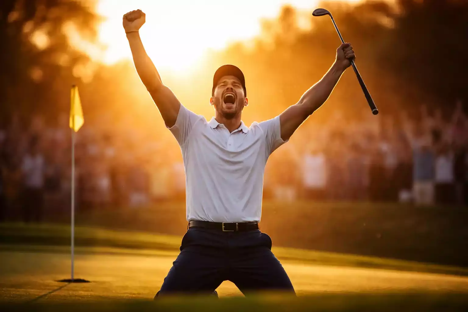 Golfspieler feiert Sieg mit erhobenen Armen nach dem letzten Putt