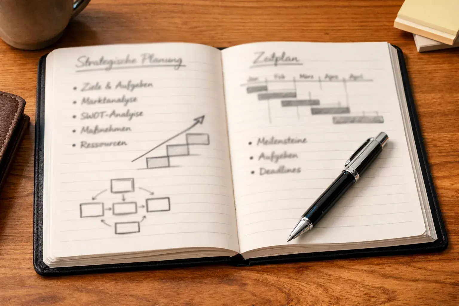 Aufgeschlagenes Notizbuch mit Planungsnotizen und Strategie