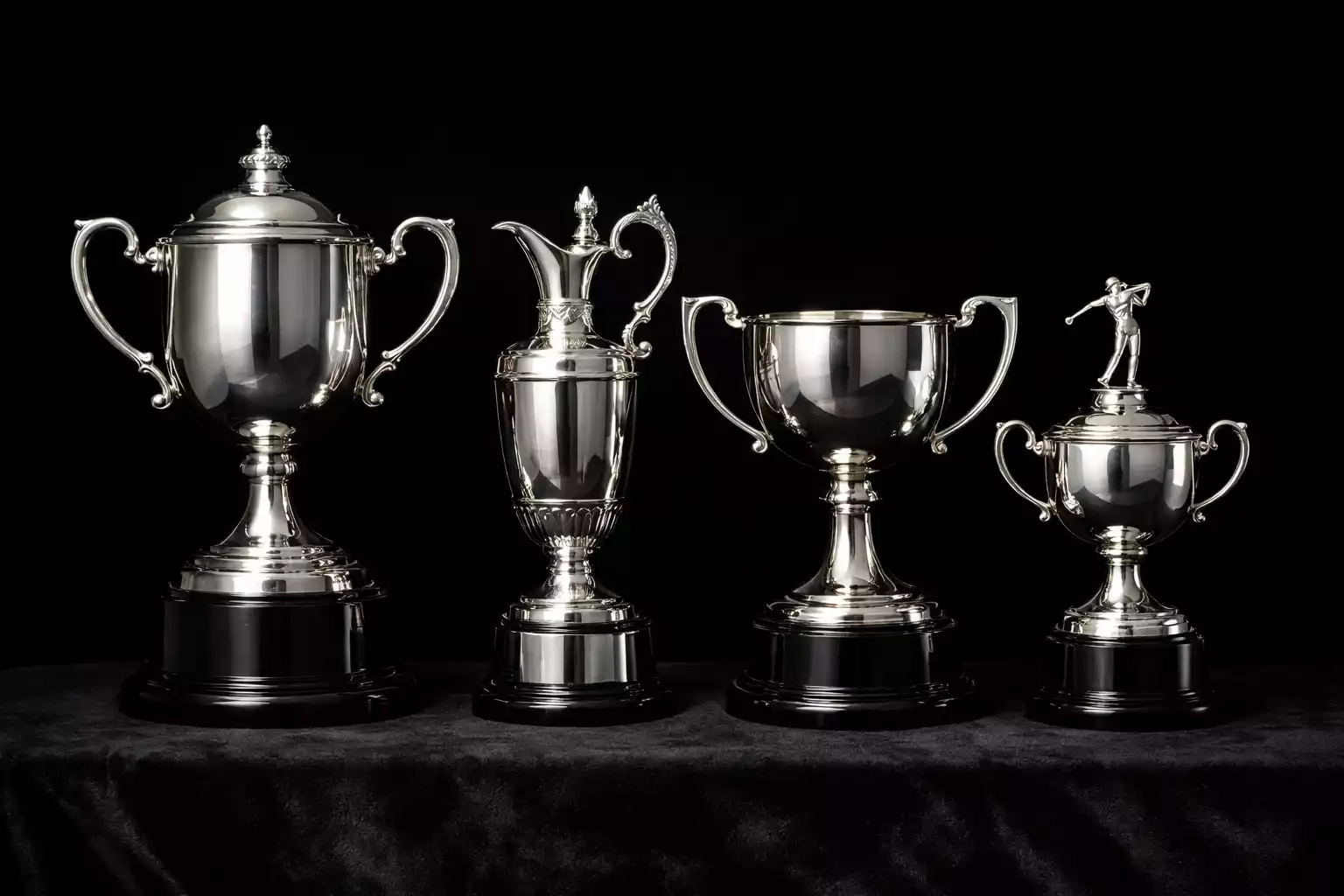 Vier bedeutende Golf-Trophäen nebeneinander aufgestellt